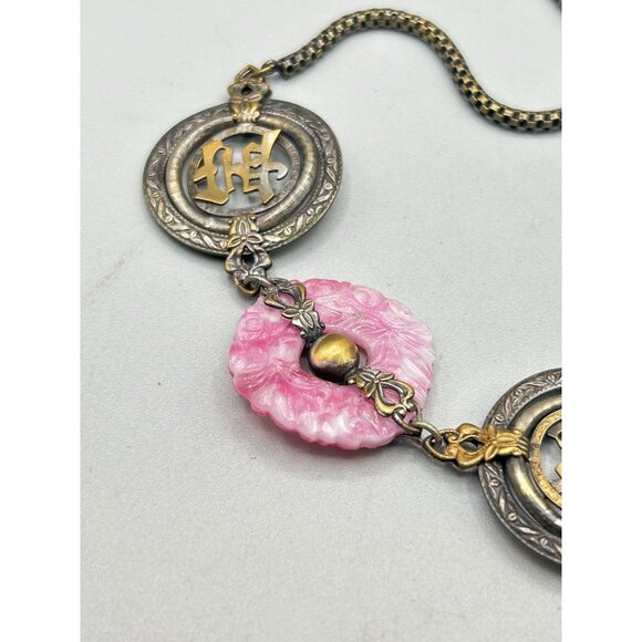 Asian Influenced Czech Glass Necklace Antique Pink Pressed Glass Necklace - Picture 13 of 16